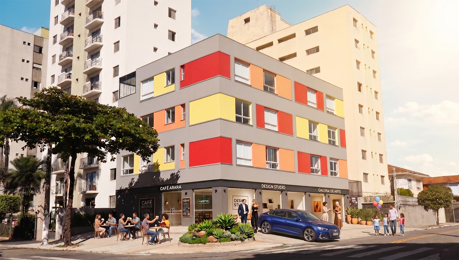 Fachada do empreendimento de studios mobiliados